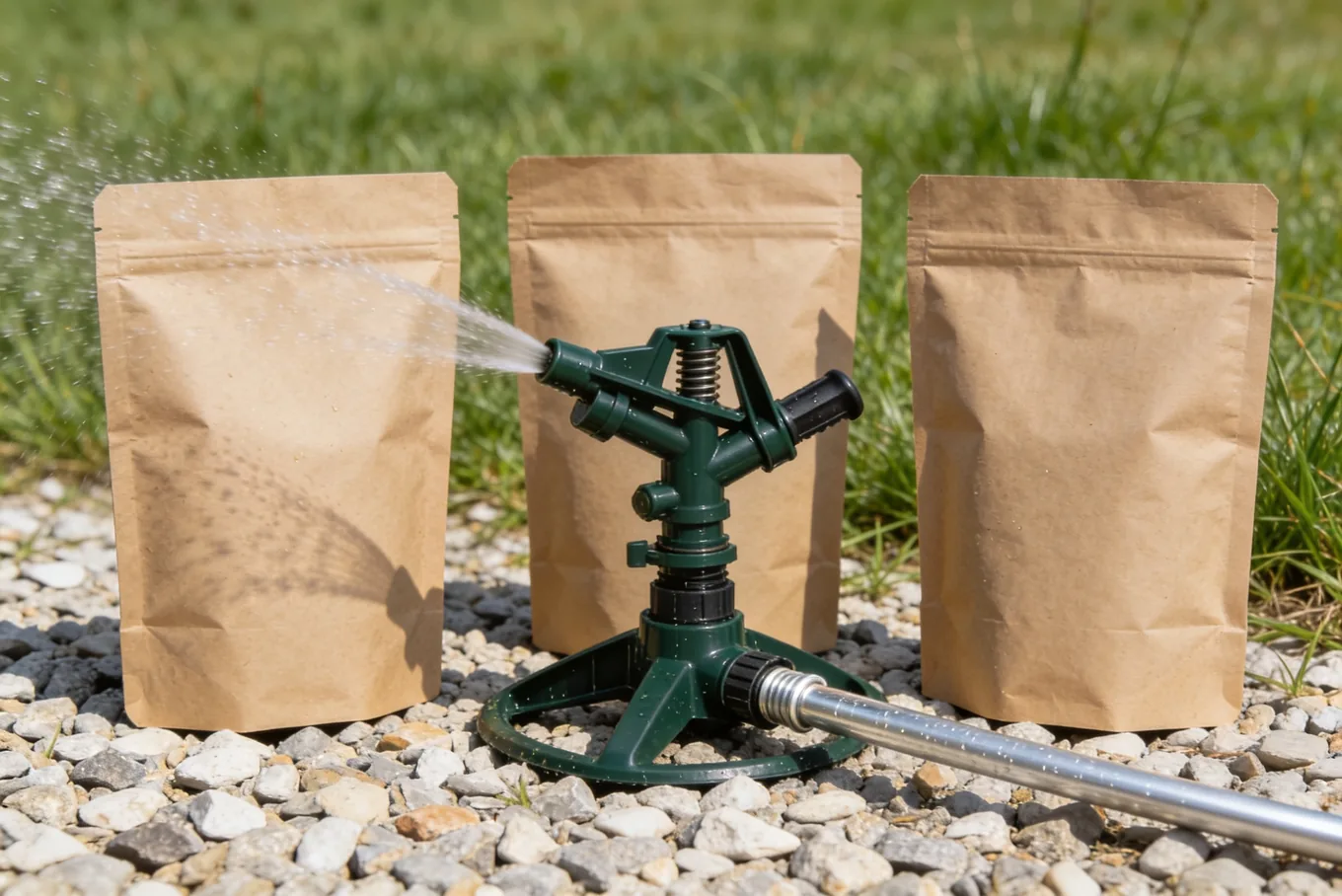 Plain unmarked seed bags and complete unbranded sprinkler, gravel and grass study; illustrative scene