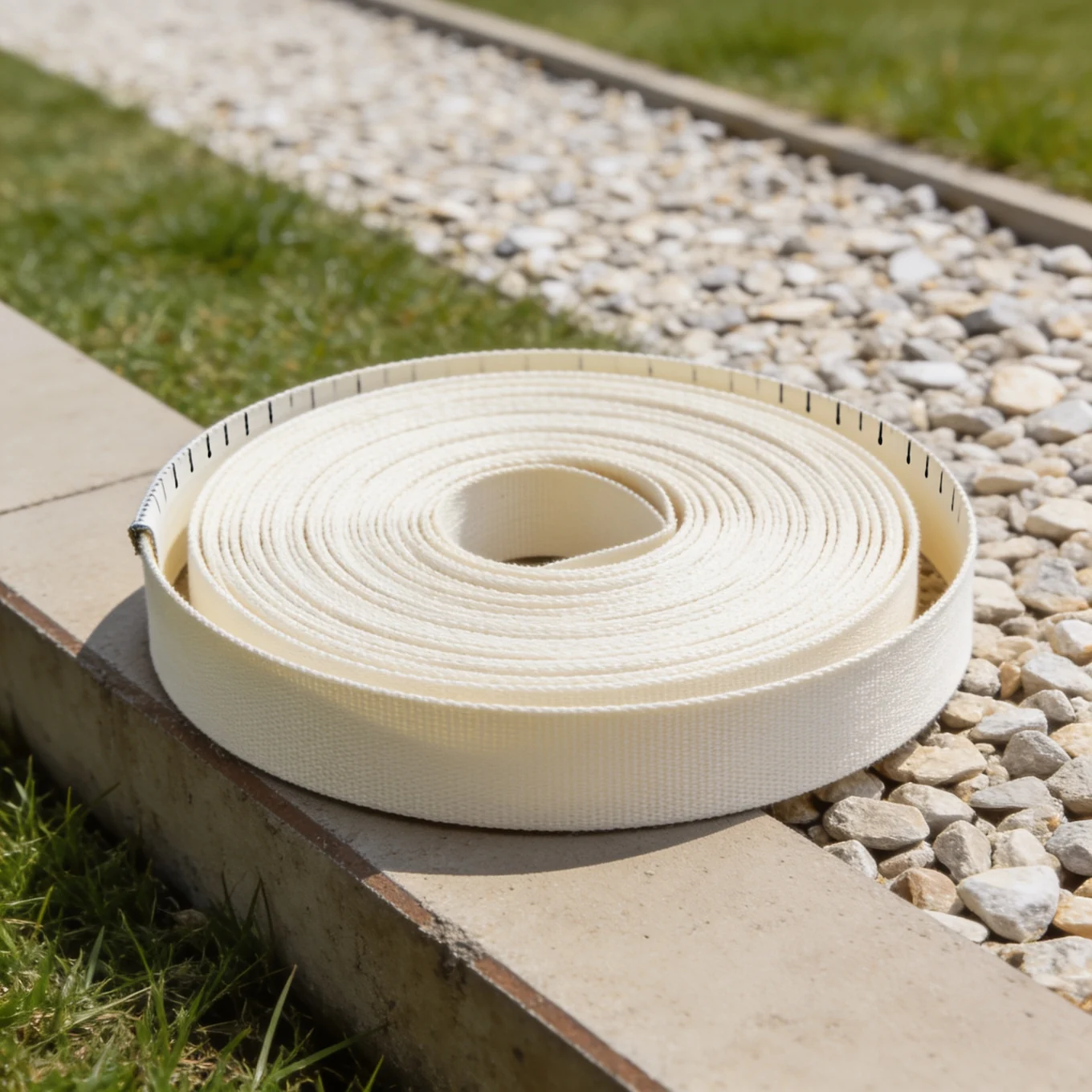 Empty rectangular lawn edge with plain measuring tape, no numbered markings; illustrative scene