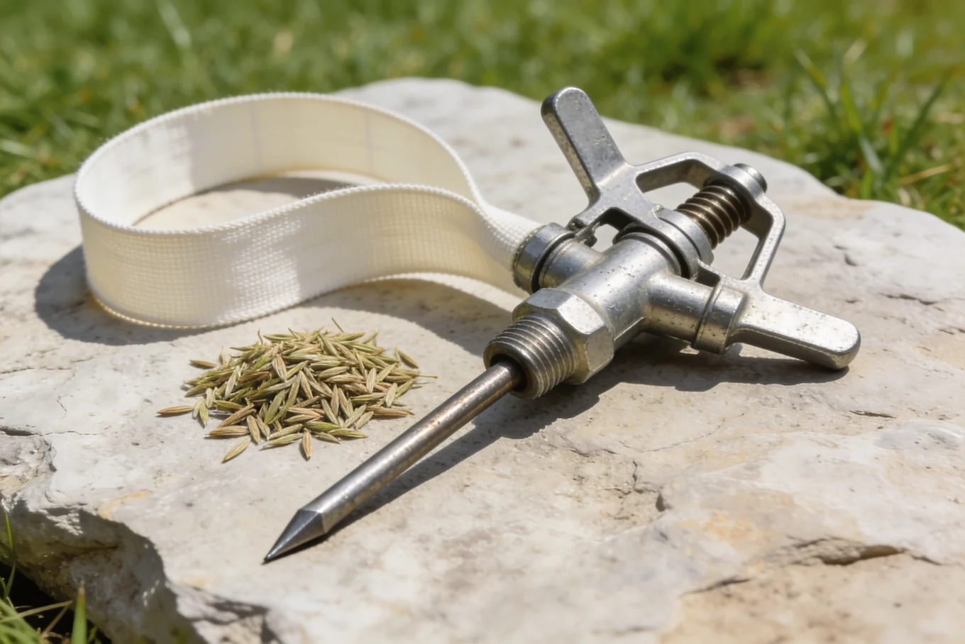 Complete impact sprinkler with grass seed and plain measuring tape; illustrative watering and coverage study